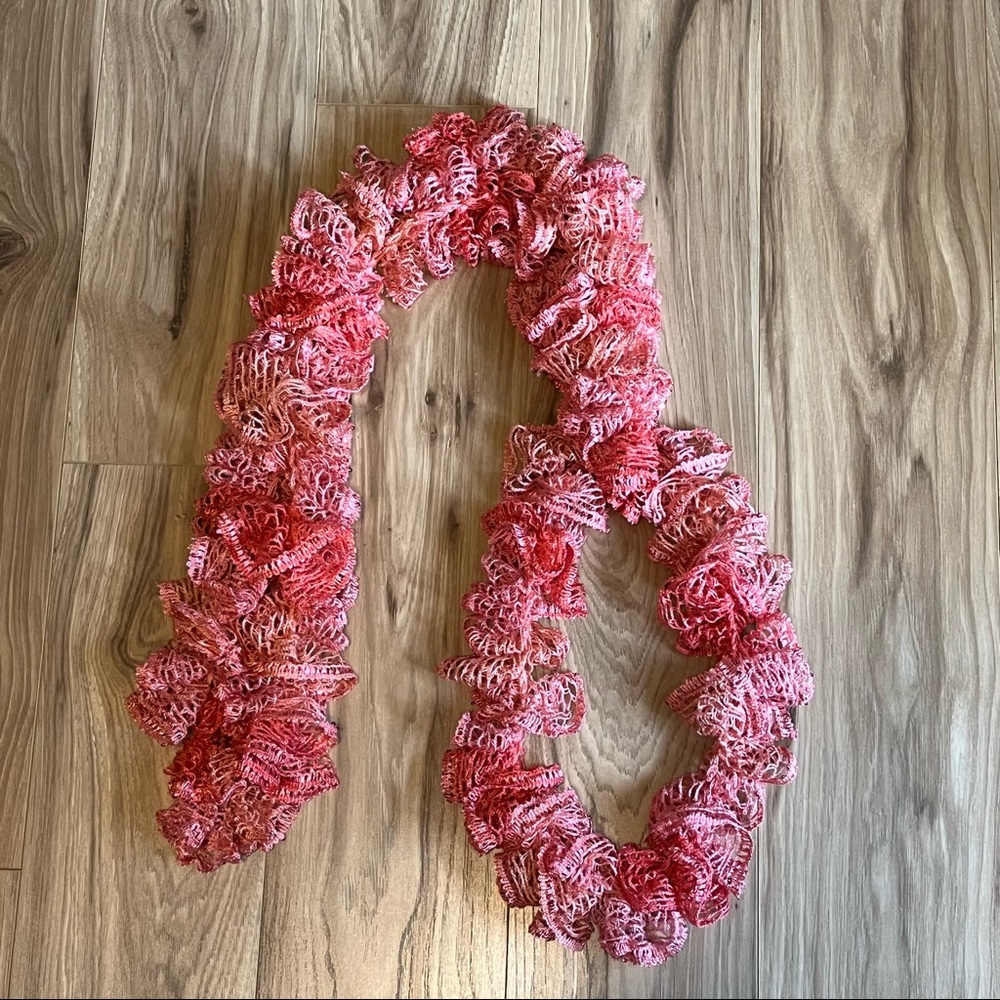 New Handmade Crochet Coral Colored Sequined Twirly Scarf 76” Long - Picture 2 of 14